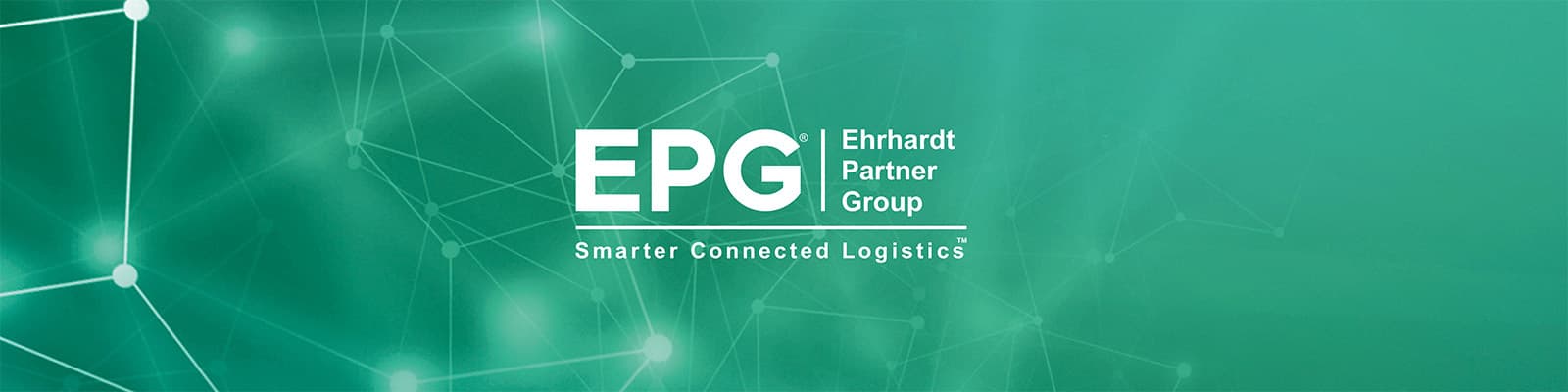 EPG Ehrhardt Partner Group – Smarter Connected Logistics, weißes Logo auf grünem Netzwerk-Hintergrund