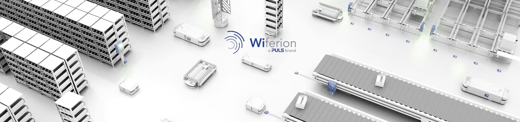 3D-Visualisierung eines automatisierten Lagers mit fahrerlosen Transportfahrzeugen und Förderanlagen, Logo Wiferion – a PULS brand