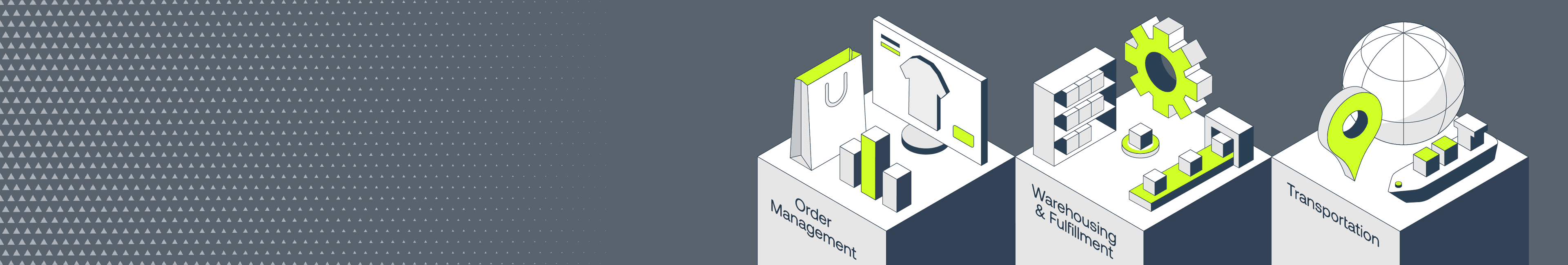 Isometrische Illustration der drei Infios-Lösungsbereiche Order Management, Warehousing & Fulfillment und Transportation
