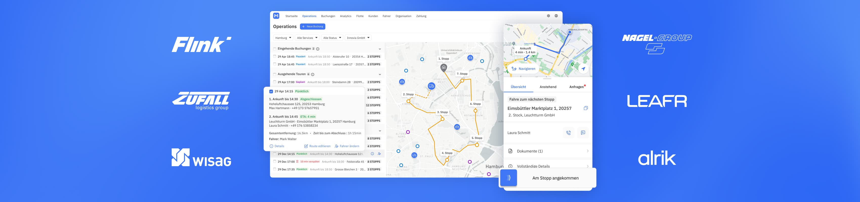 MotionTools Plattform-Screenshot mit Tourenplanung und Kartenansicht, flankiert von Kundenlogos wie Flink, WISAG und Nagel-Group