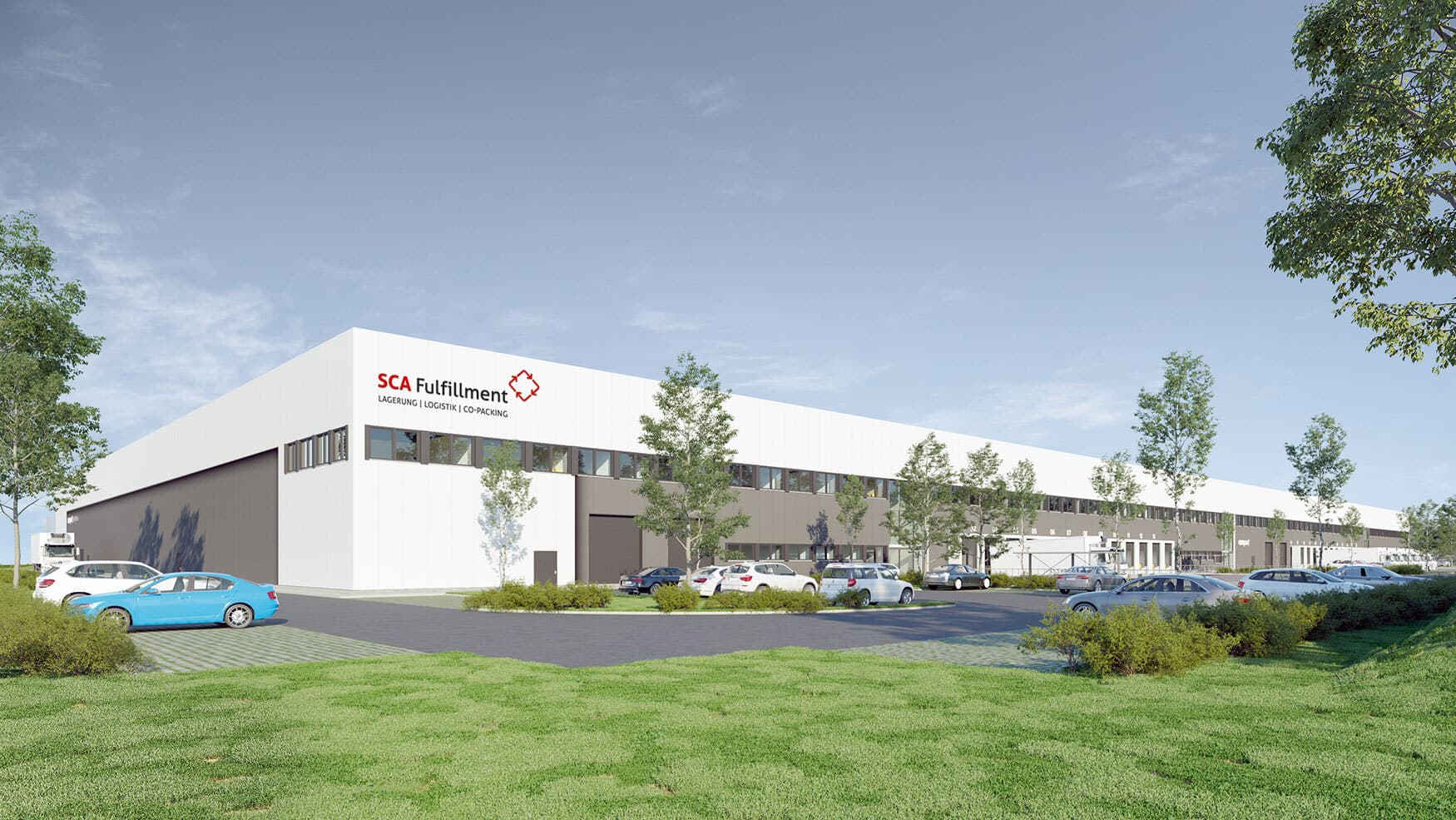 Exterior view of the SCA Fulfillment logistics center with parking lot and loading docks