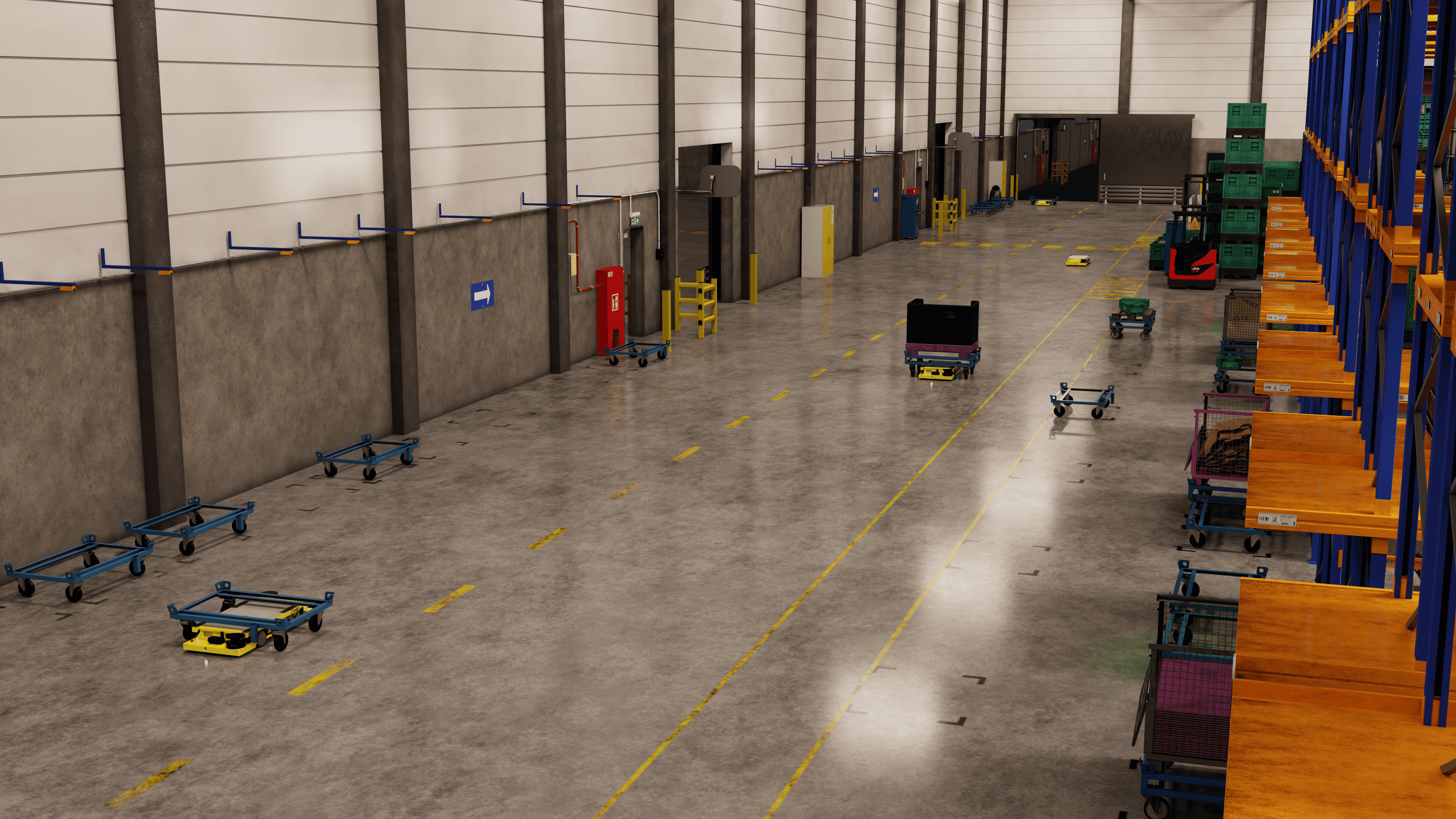 A modern warehouse interior with high ceilings, empty shelves on one side, and several yellow carts and small robots on the polished concrete floor. The walls have yellow doors and fire safety equipment is visible.