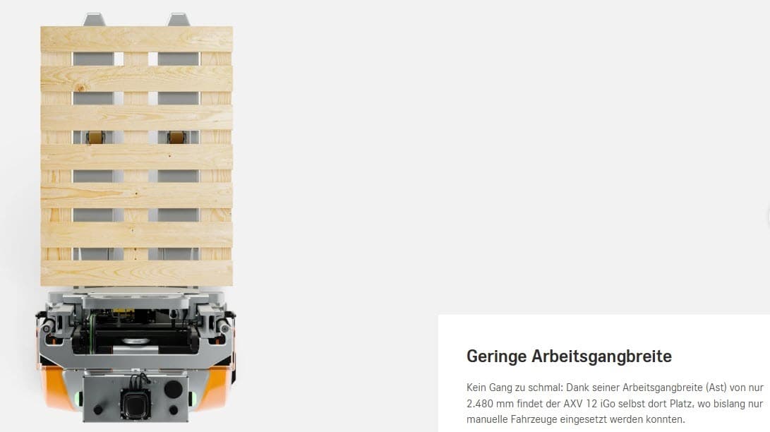 Vorderansicht eines fahrerlosen Transportfahrzeugs (AGV), das eine Holzpalette in einer Lagerlogistikumgebung transportiert, isoliert auf weißem Hintergrund.