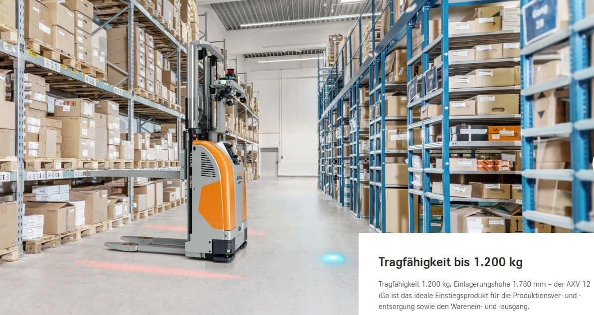 Ein automatisierter Gabelstapler navigiert durch die Gänge des Lagers, die mit gestapeltem Inventar gefüllt sind, und weist eine maximale Tragfähigkeit von 1.200 kg auf.