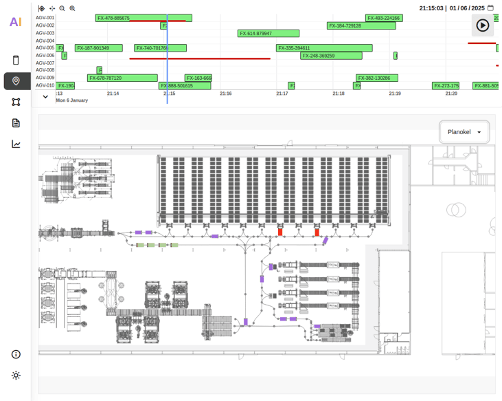 Screenshot of a management interface showing a timeline with green and red bars indicating activity, along with a detailed floor plan of a facility featuring machinery and labeled pathways. The time displayed is 21:15:03 on 01/06/2025.