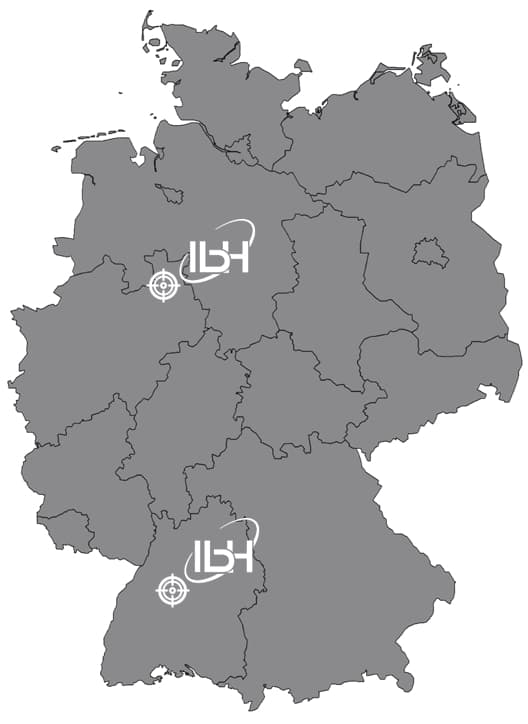 Map of Germany in gray, showing two marked locations with target symbols; one is in central Germany, and the other in the southern region. Both locations are accompanied by a logo featuring UBH and a curved line.