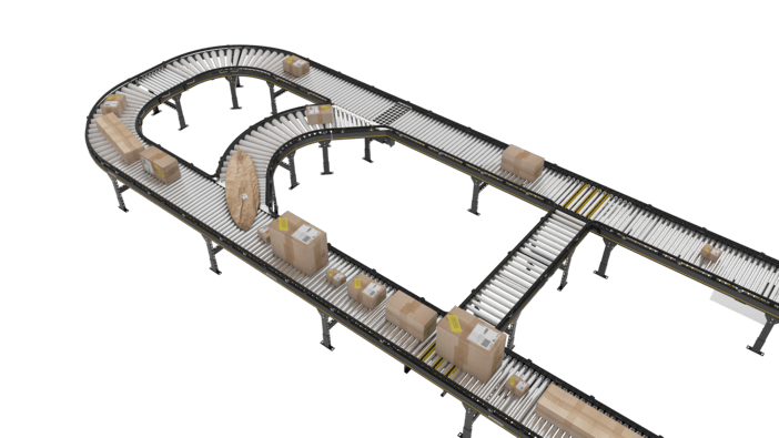 Ein automatisiertes Förderbandsystem, das verschiedene Kartons über kurvige und gerade Strecken transportiert und den Logistikablauf vor einem weißen Hintergrund veranschaulicht.