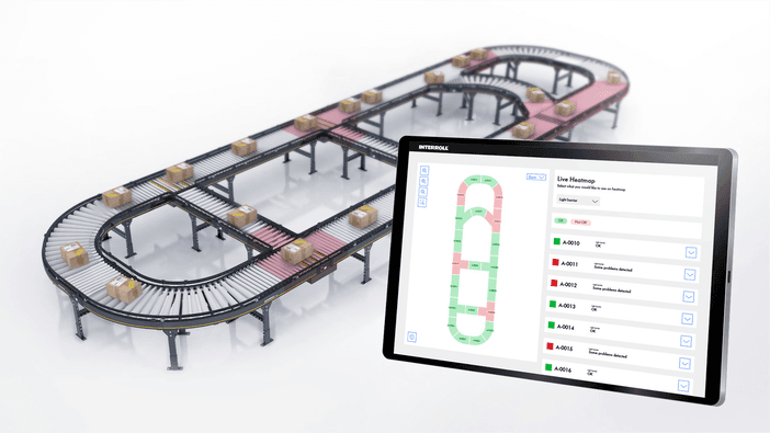 Ein Logistikförderband mit Paketen im Transport, daneben ein Tablet, auf dem die Echtzeit-Verfolgung und der Betriebsstatus des automatisierten Systems angezeigt werden.