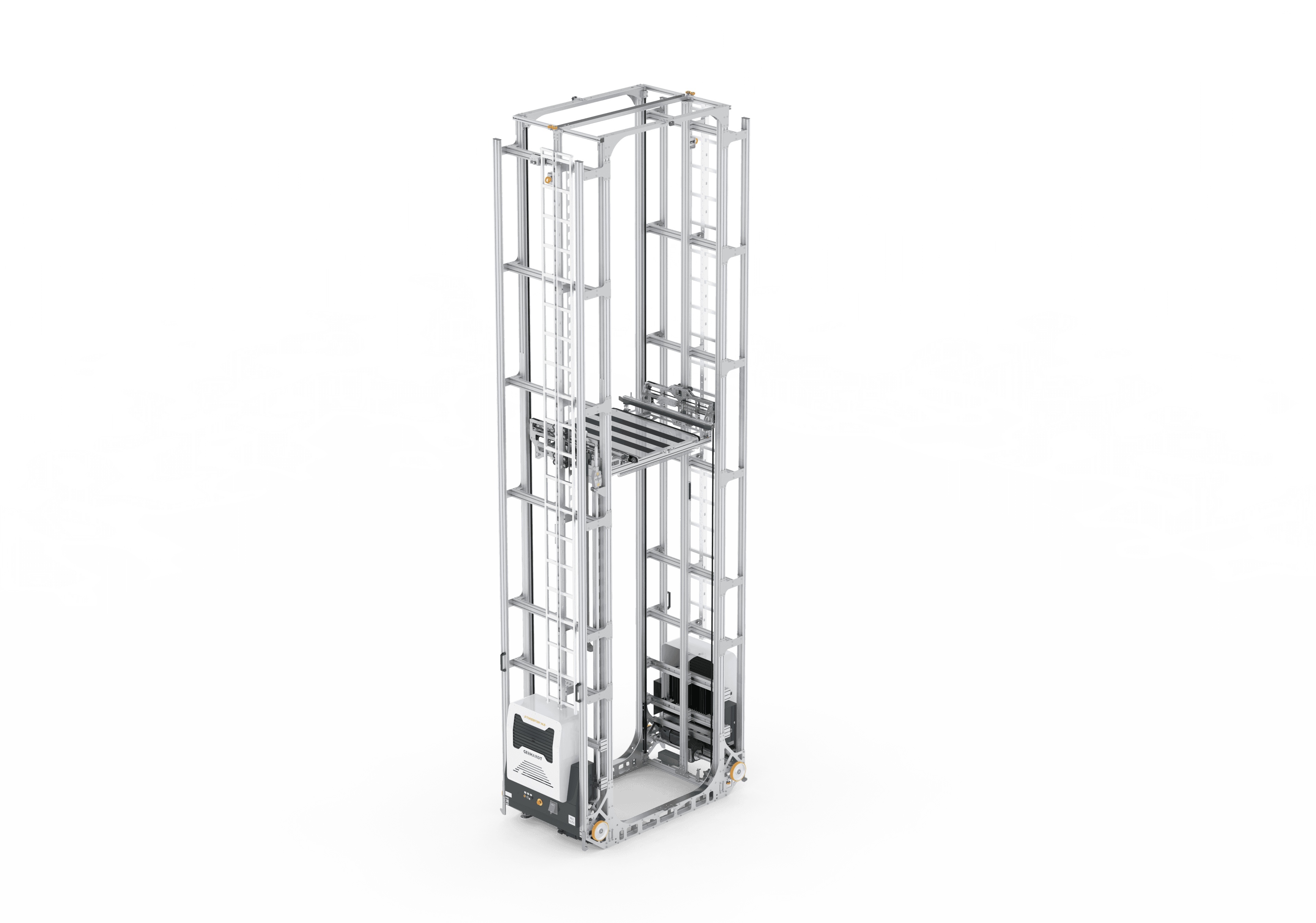 Tall metal structure of a vertical lift system on a grayish-white background. The system features multiple frameworks and platforms, resembling an industrial or warehouse elevator.