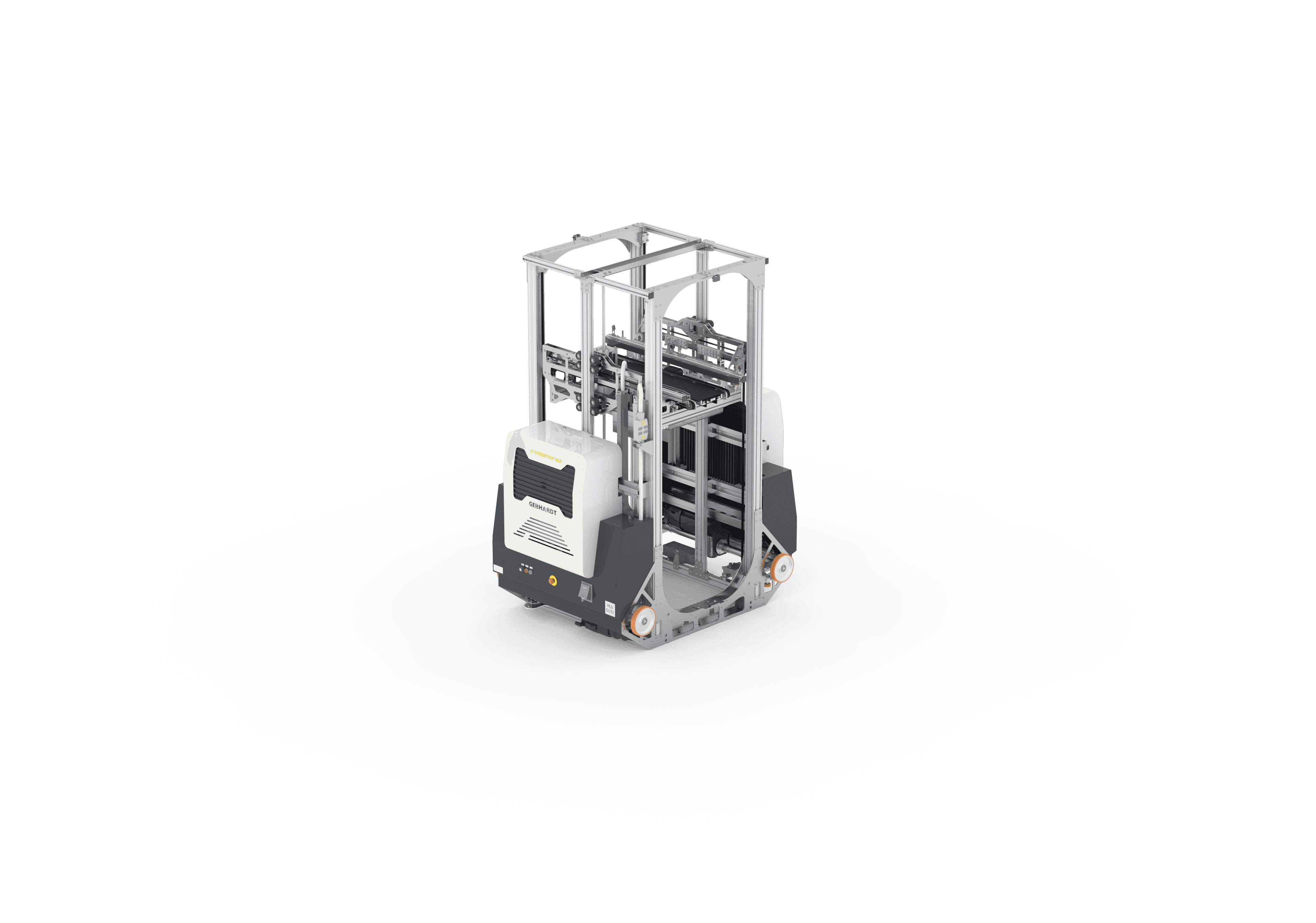 A digital rendering of a compact, automated forklift on a white background. The forklift has a minimalist design and features a metal frame with visible wiring and mechanical components.