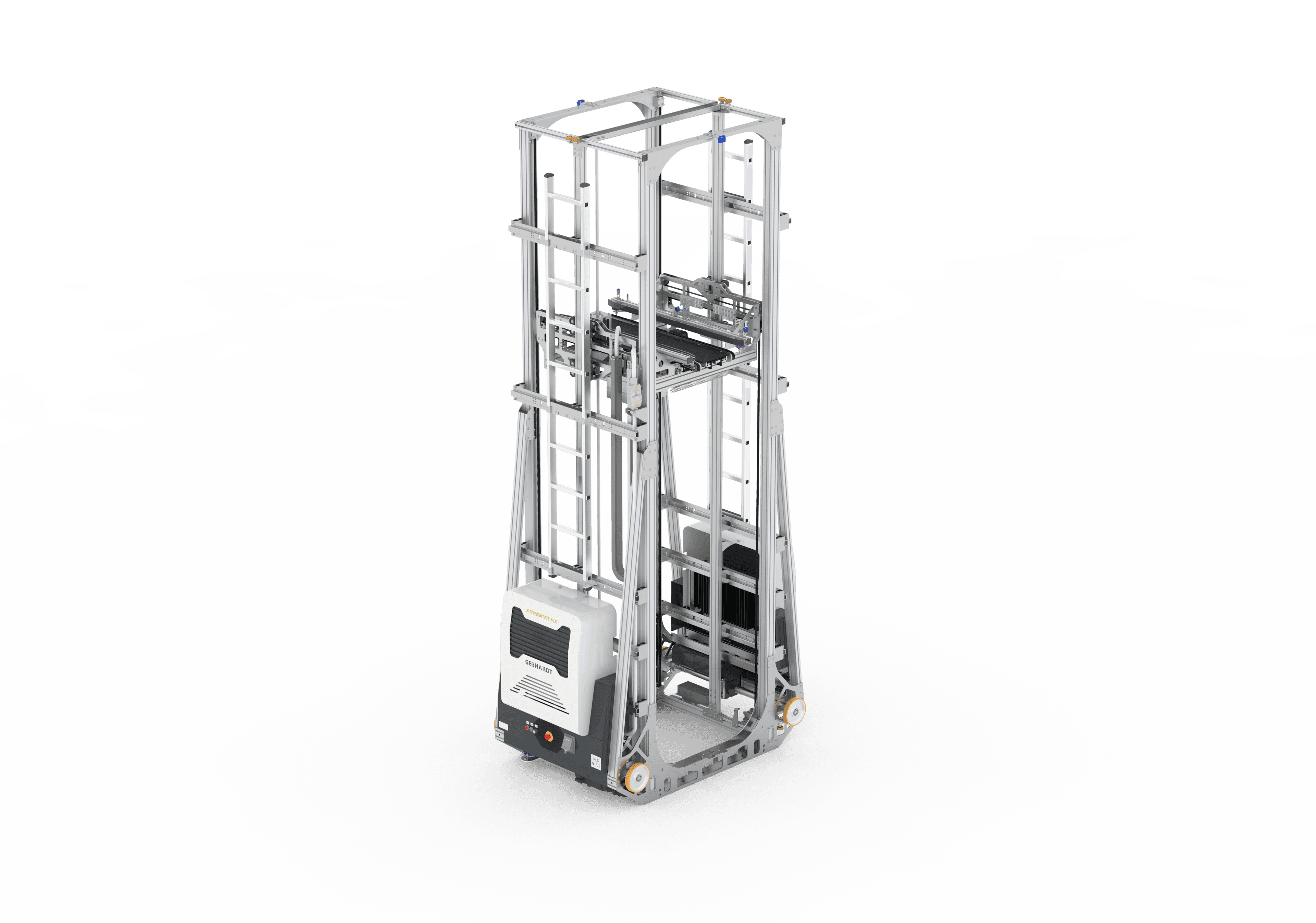 A tall, metallic elevator structure with an open framework and a small box at the base, standing against a white background. The structure features ladders and railings, reflecting an industrial design.