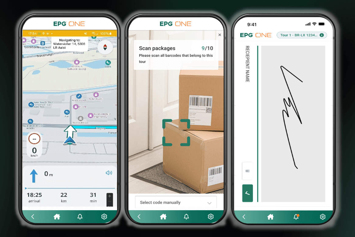 Drei Smartphones zeigen wichtige Logistik-Tools an: eine Routenkarte, eine Schnittstelle zum Scannen von Paket-Barcodes und einen Bildschirm zur Bestätigung der elektronischen Unterschrift in einer App.