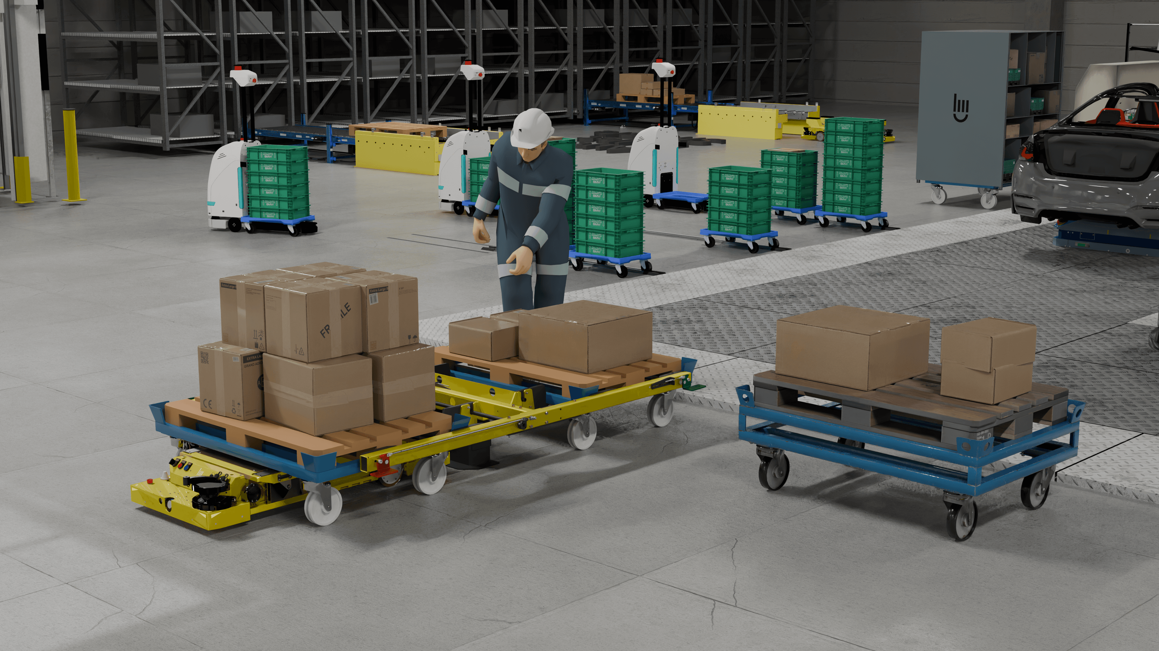 A worker in a blue uniform and helmet arranges boxes on automated carts in a warehouse with shelves and more boxes in the background. Several green crates are visible, and a vehicle is parked nearby.