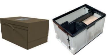 A brown cardboard box with a handle on the left and a transparent plastic container with a black divider and a section holding beige cards on the right.