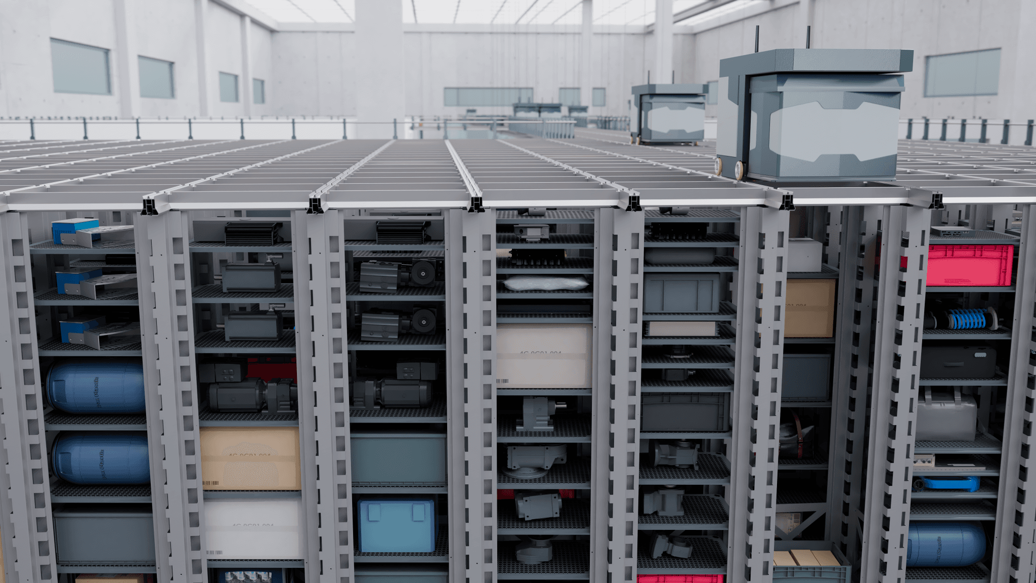 Automatisierte Roboter navigieren in einem Hightech-Lager über hohe Regalsysteme und verwalten effizient Behälter und Container für Logistikvorgänge.